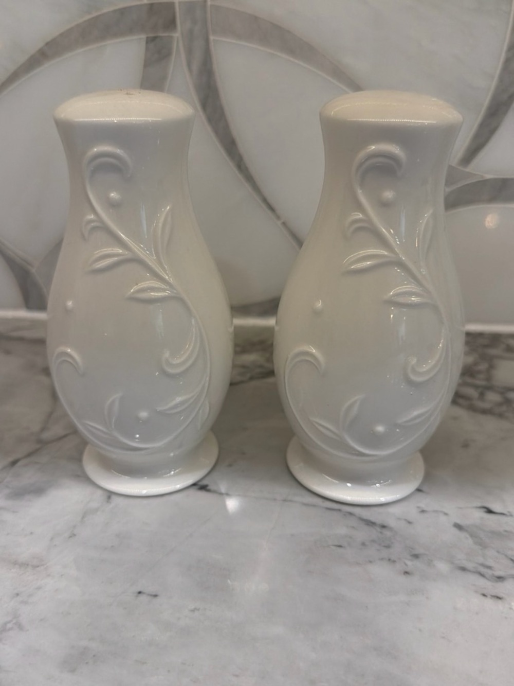 Lenox White Ceramic Decorative Vase Pair with Raised Scroll Detail